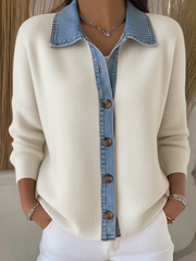 Gebreide Cardigan met Polo Kraag en Denim Patches, met Knopen