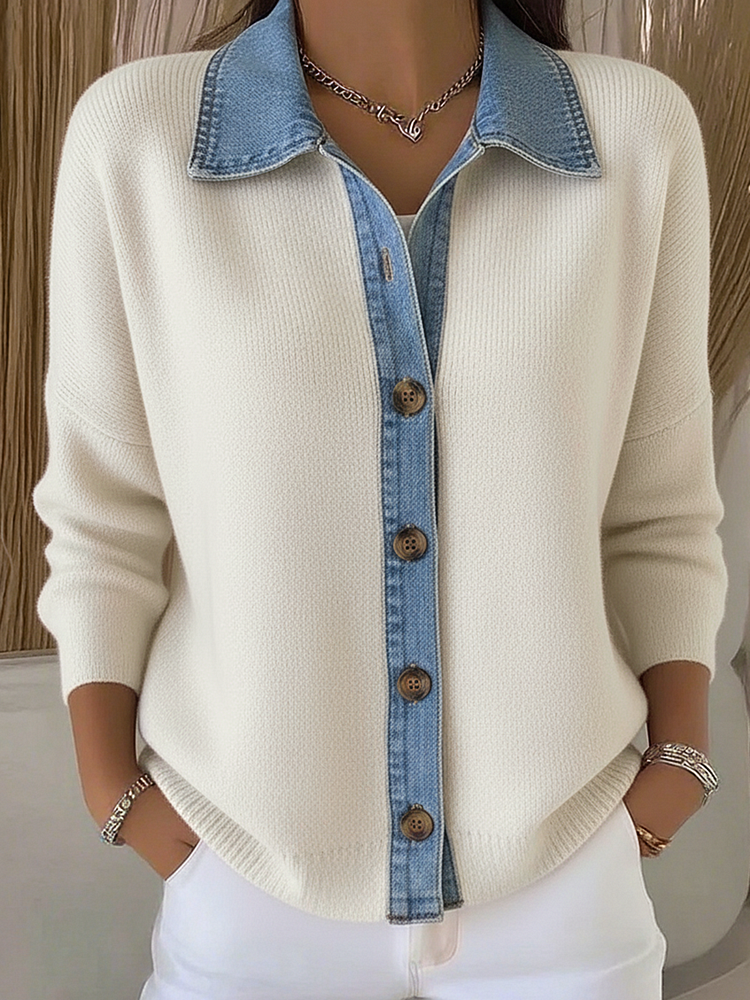 Gebreide Cardigan met Polo Kraag en Denim Patches, met Knopen
