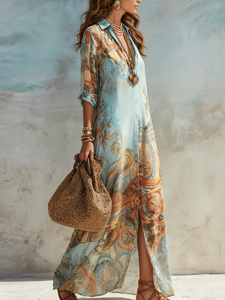 Zarina | Baroque-Style Floral Blue Chiffon Maxi Dress