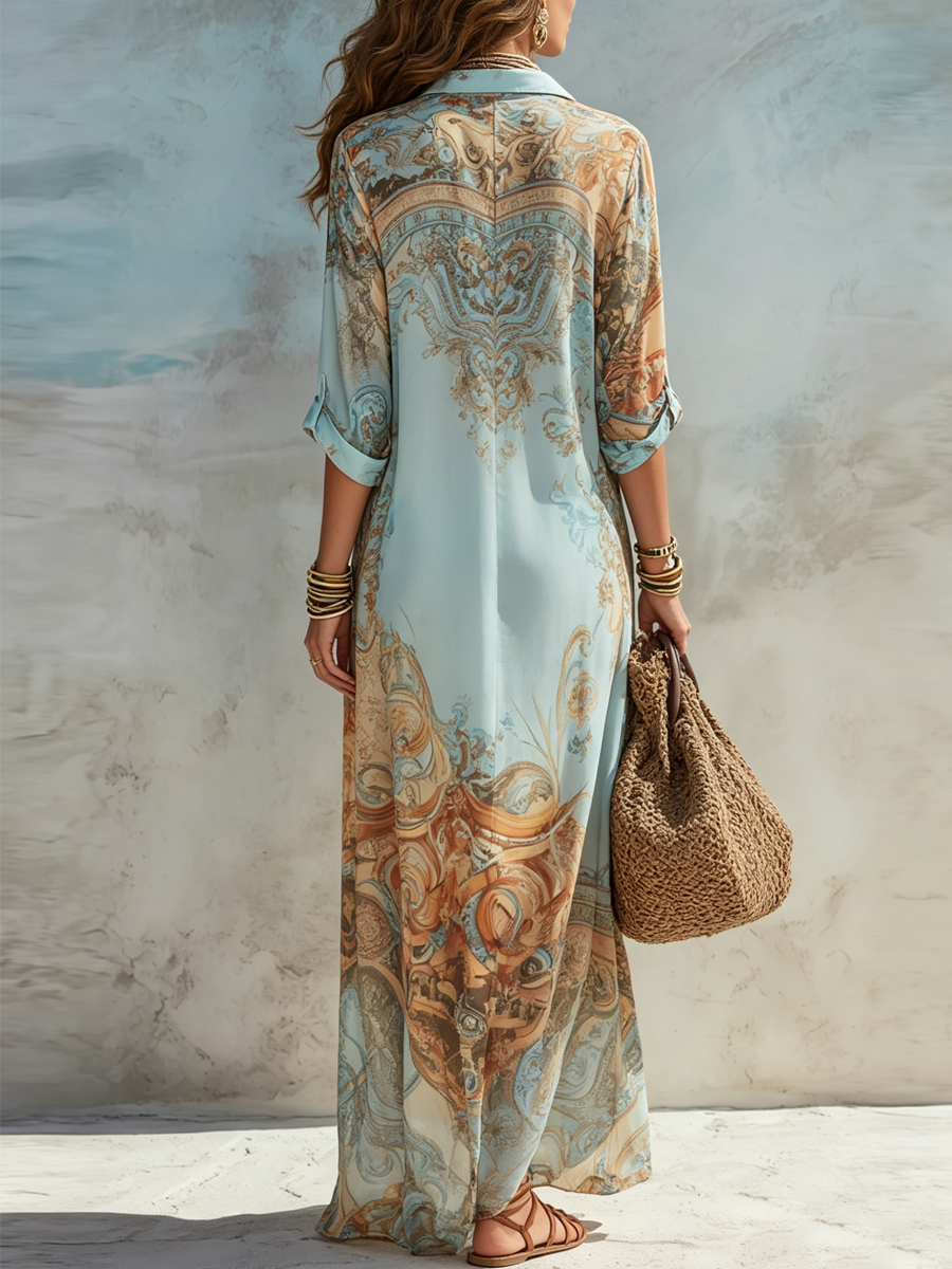 Zarina | Baroque-Style Floral Blue Chiffon Maxi Dress