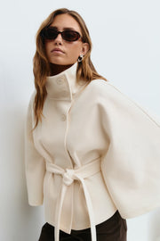 Cape Jas Dames Regular Fit Hoge Kraag Strik Ceintuur Winter