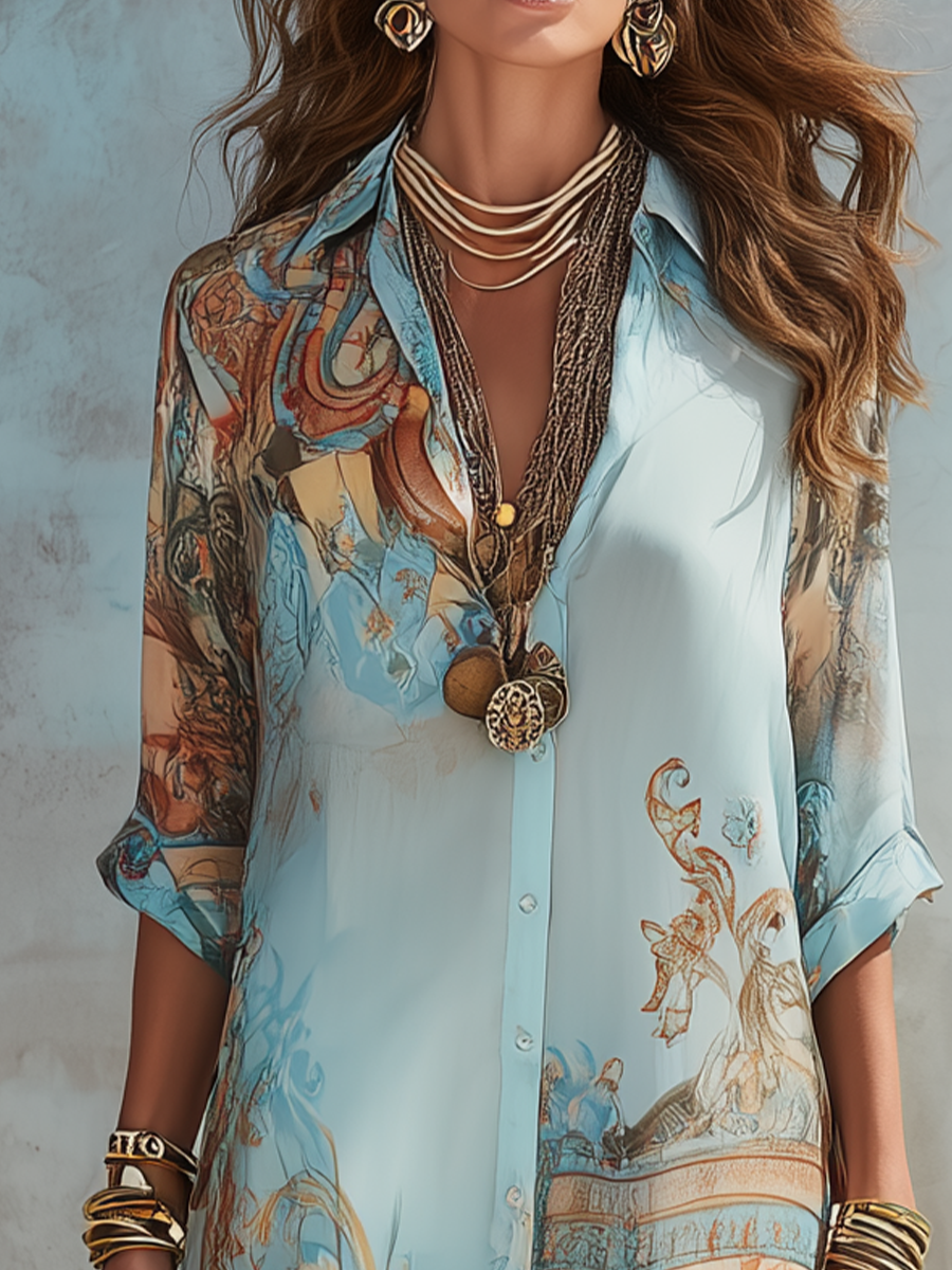 Zarina | Baroque-Style Floral Blue Chiffon Maxi Dress