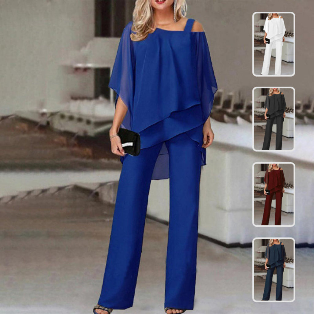 Elegante Tweedelige Damespakset Met Top Met Vleermuismouwen en Rechte Broek
