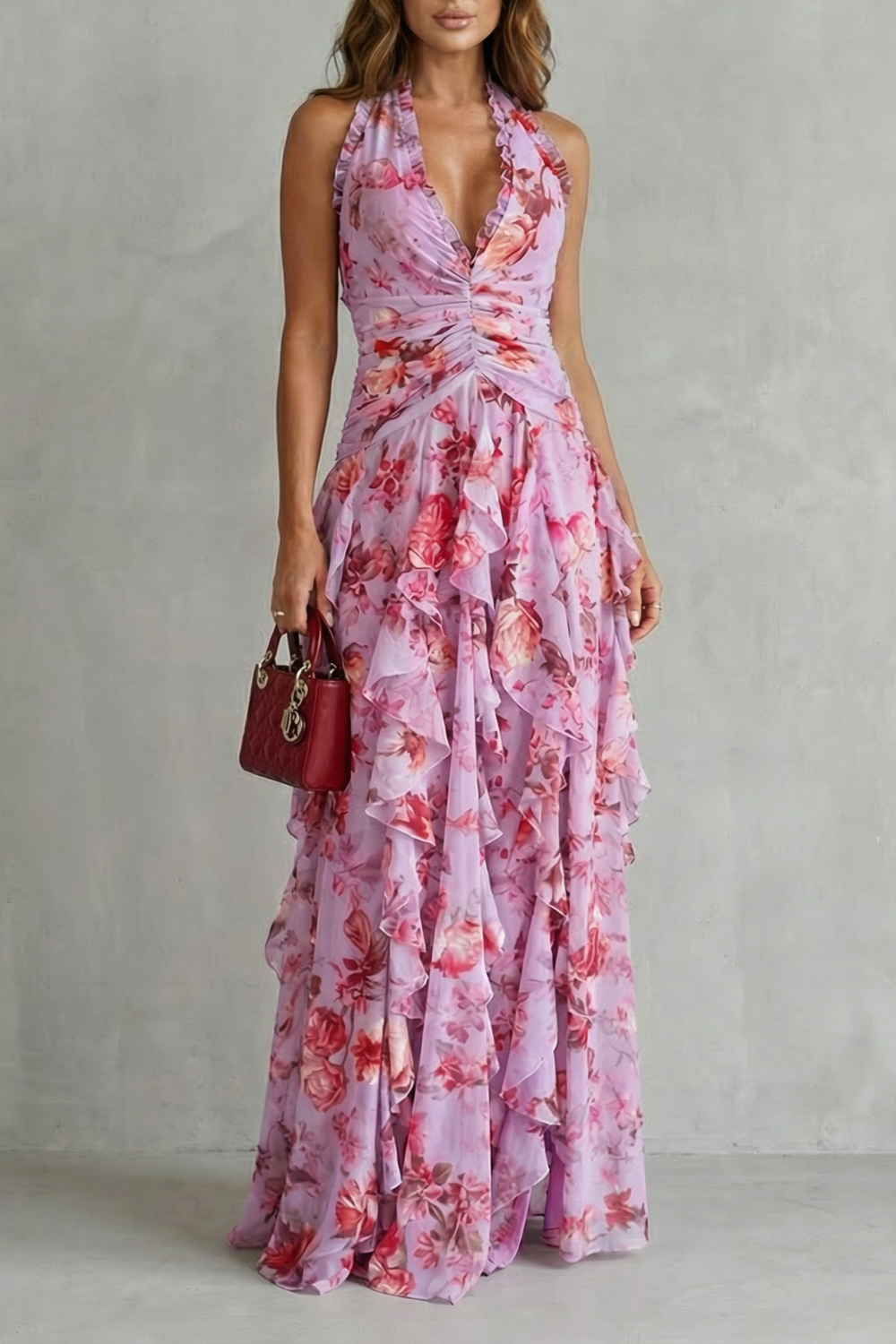 Belladina | Romantische maxi-jurk met halternek en rozenpatroon