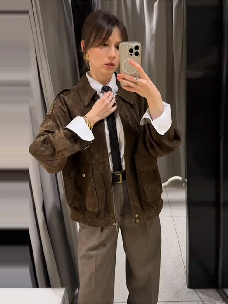 Suède Look Jas met Zipper en Reverskraag