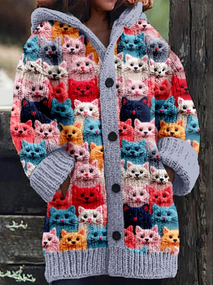 Gebreid Dames Vest Met Kleurrijke Kattenprint En Capuchon