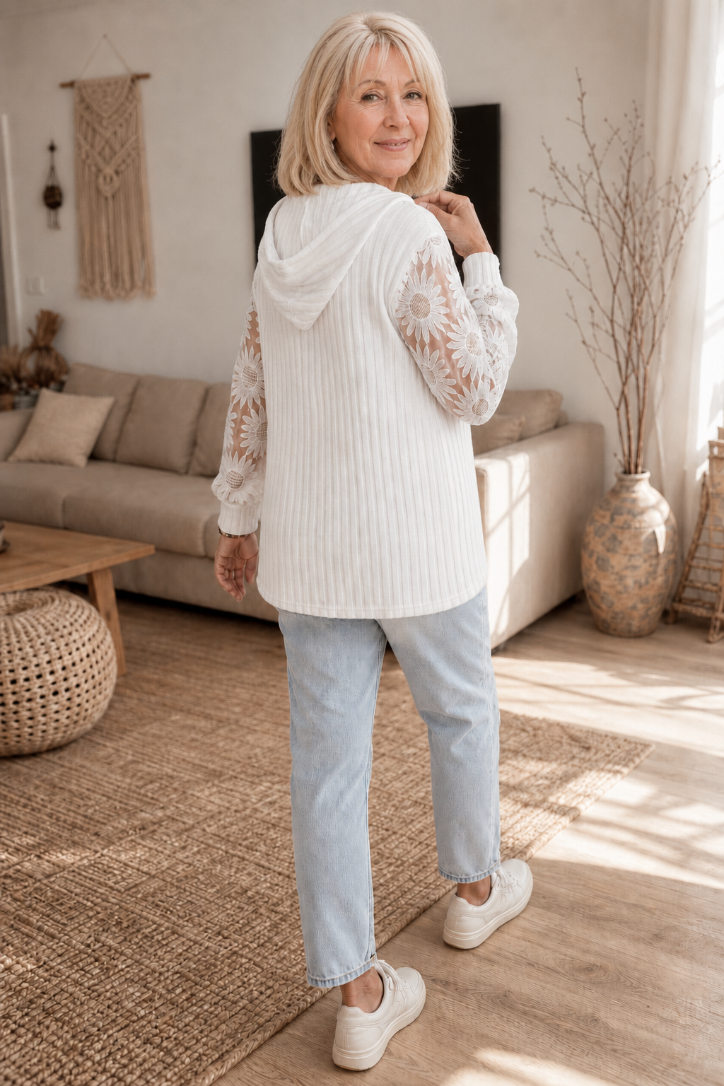Lunetta – Kanten Mouwen Geribbelde Trui Hoodie Cardigan