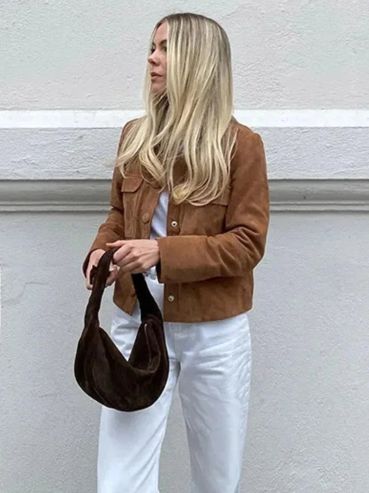 Suede jas met mandarin kraag