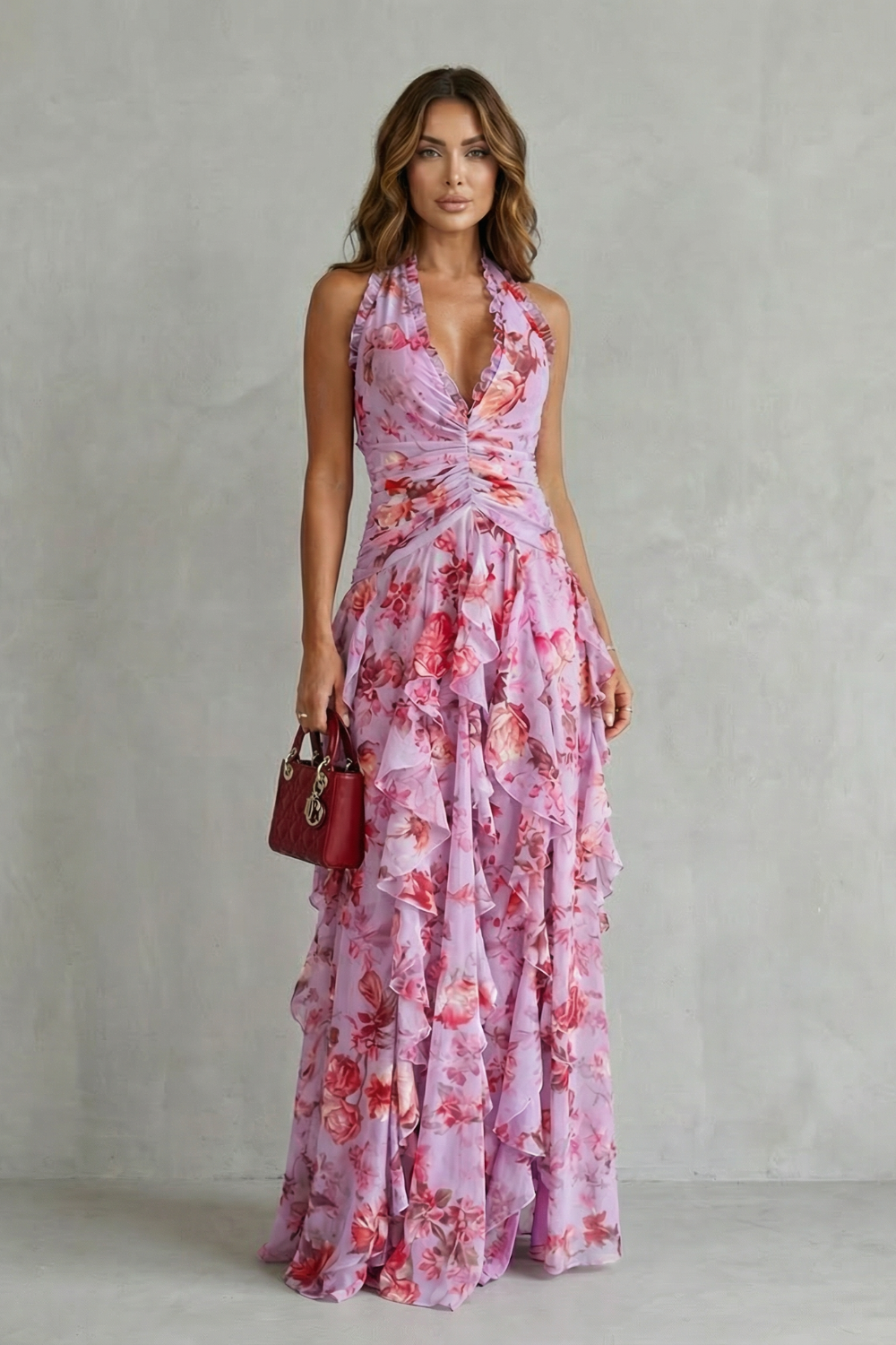 Belladina | Romantische maxi-jurk met halternek en rozenpatroon