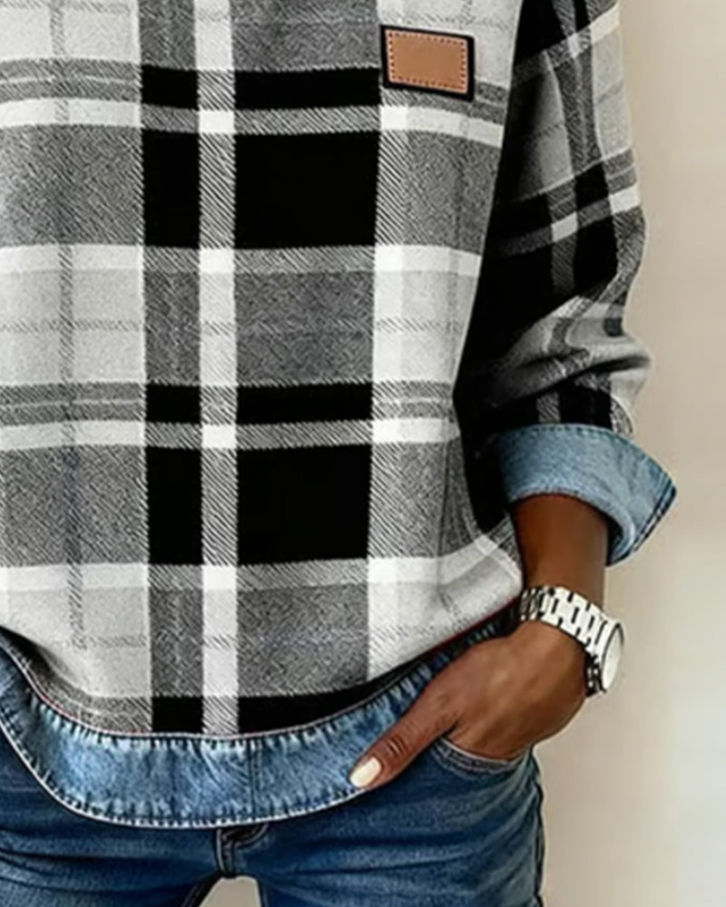 Anika | Casual trui met ronde hals en denim patchwork
