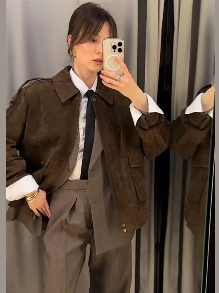 Suède Look Jas met Zipper en Reverskraag
