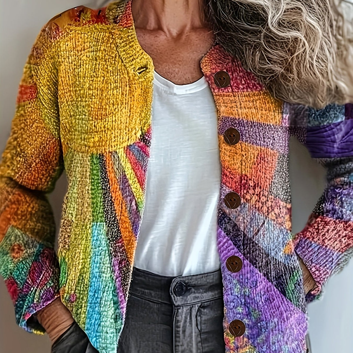 KIRSTEN – ARTISTIEKE PATCHWORK KNOPEN CARDIGAN