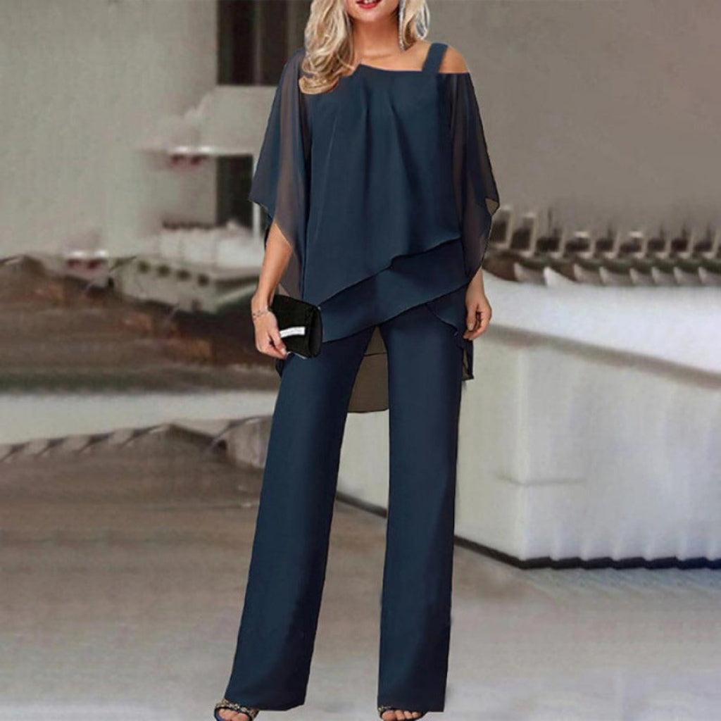 Elegante Tweedelige Damespakset Met Top Met Vleermuismouwen en Rechte Broek