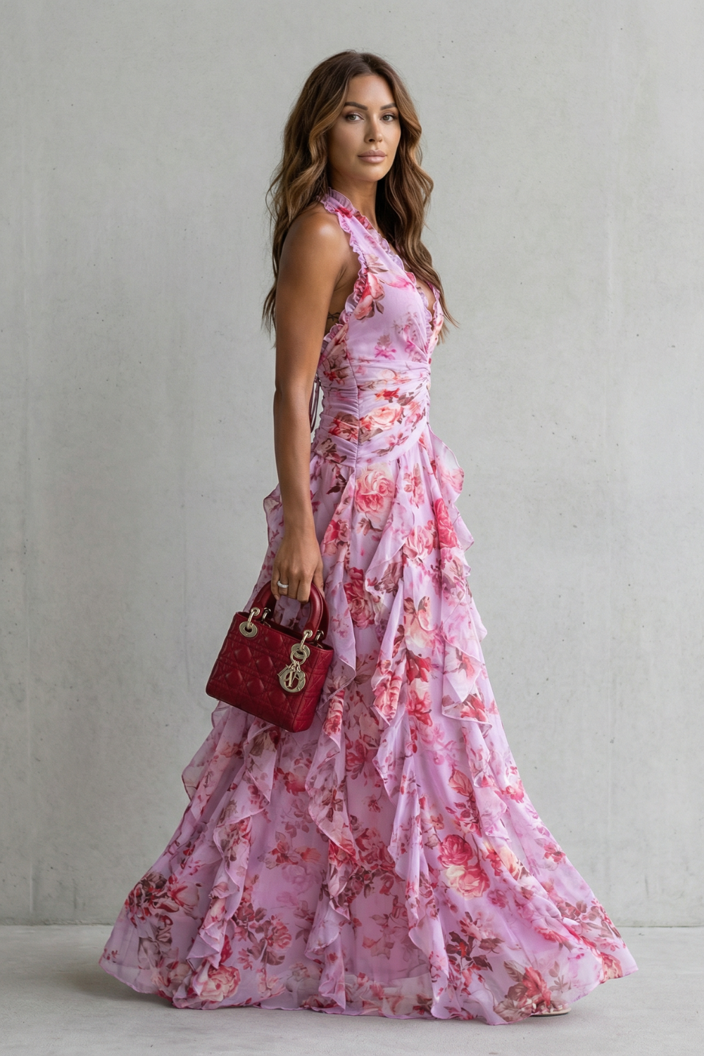 Belladina | Romantische maxi-jurk met halternek en rozenpatroon
