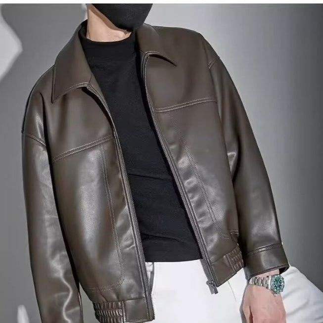 Leren Jas Heren Slim Fit Ritssluiting Rechte Kraag