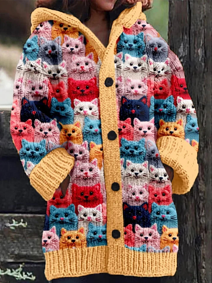 Gebreid Dames Vest Met Kleurrijke Kattenprint En Capuchon
