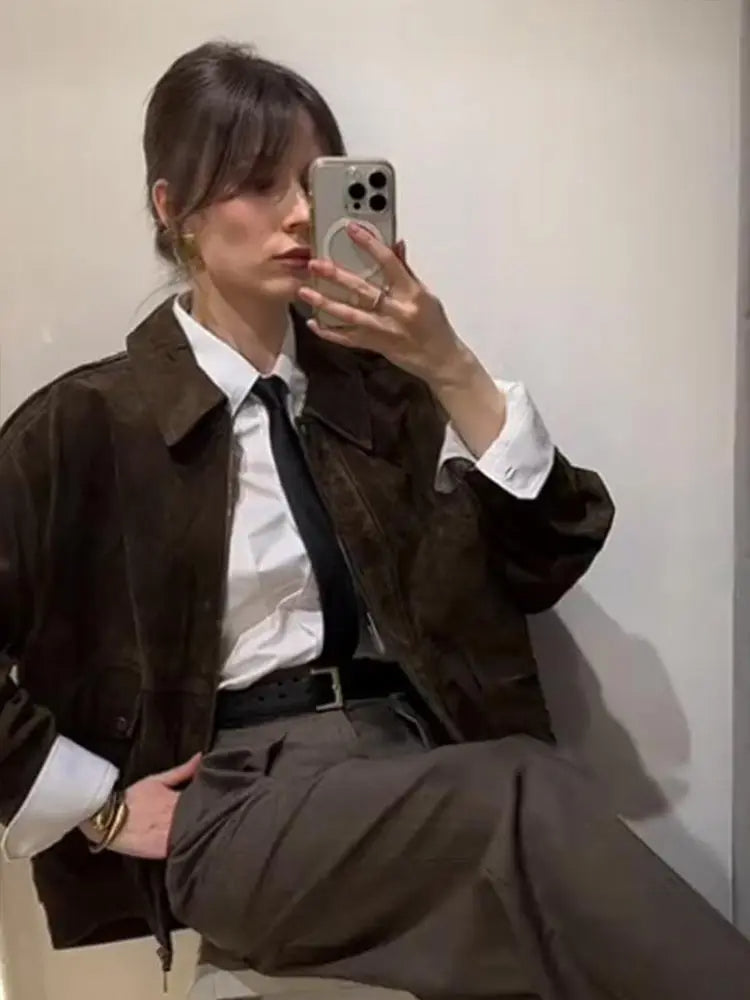 Suède Look Jas met Zipper en Reverskraag