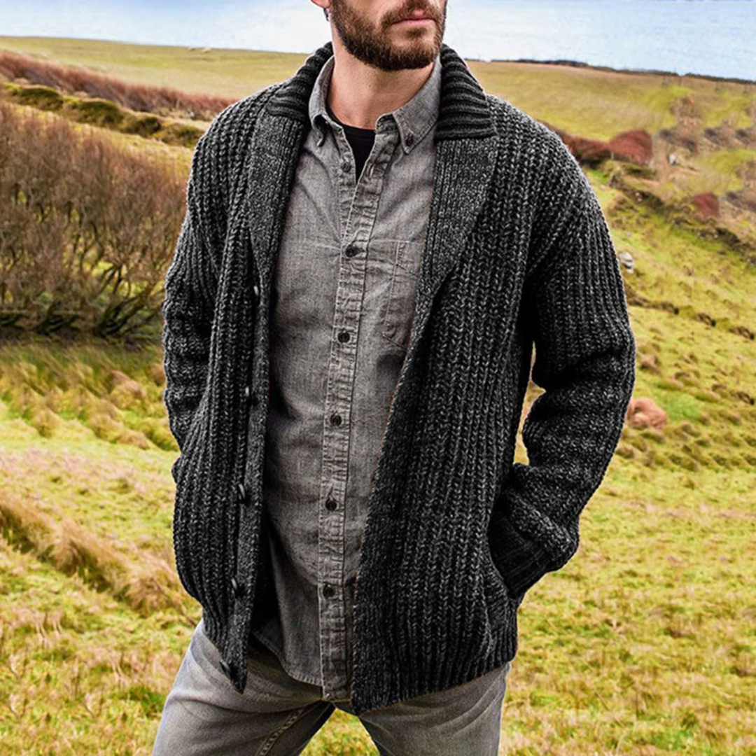 Heren Robuust Gebreid Cardigan Met Sjaalkraag En Knopen