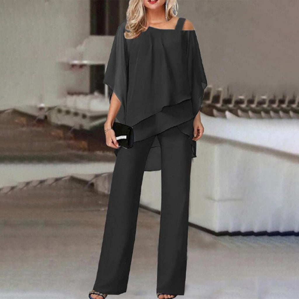 Elegante Tweedelige Damespakset Met Top Met Vleermuismouwen en Rechte Broek
