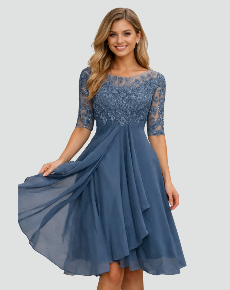 Midi feestjurk Dames Regular Fit Kant Driekwart Mouw