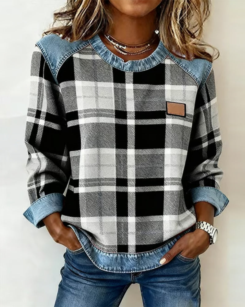 Anika | Casual trui met ronde hals en denim patchwork