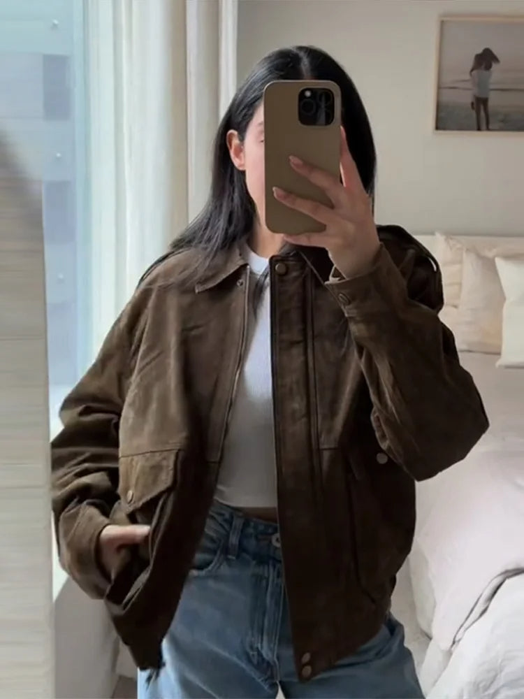 Suède Look Jas met Zipper en Reverskraag