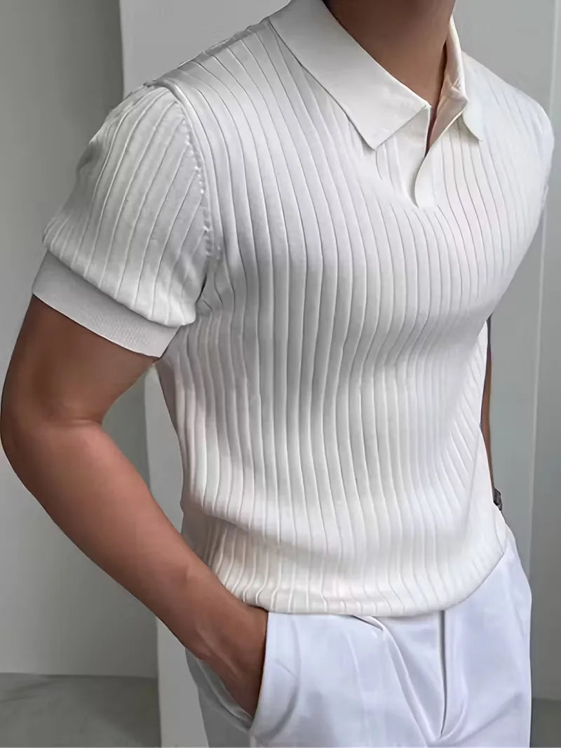 Polo met V-neck en ribbed texture