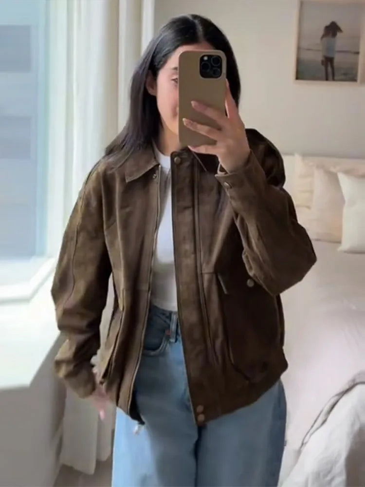 Suède Look Jas met Zipper en Reverskraag