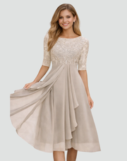 Midi feestjurk Dames Regular Fit Kant Driekwart Mouw