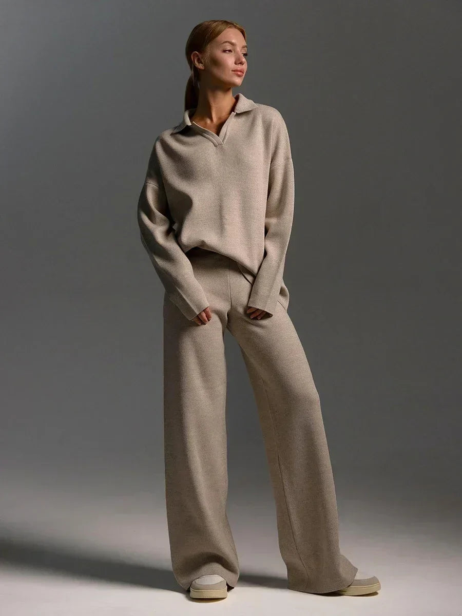 Comfortabele 2-Delige Gebreide Set Met Wijde Broek En Trui Voor Dames