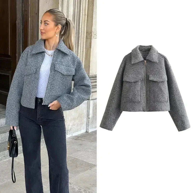 Grijze Wollen Cropped Tweed Jasje Voor Dames Voor De Winter - Linda