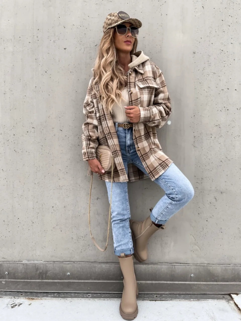 Casual Geruite Dames Tussenjas met Capuchon en Knopen