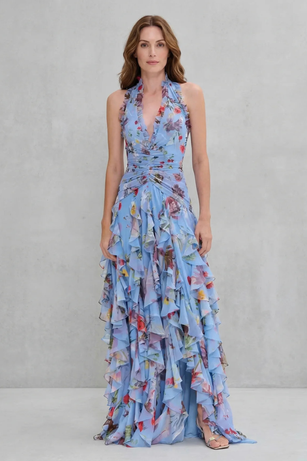 Belladina | Romantische maxi-jurk met halternek en rozenpatroon