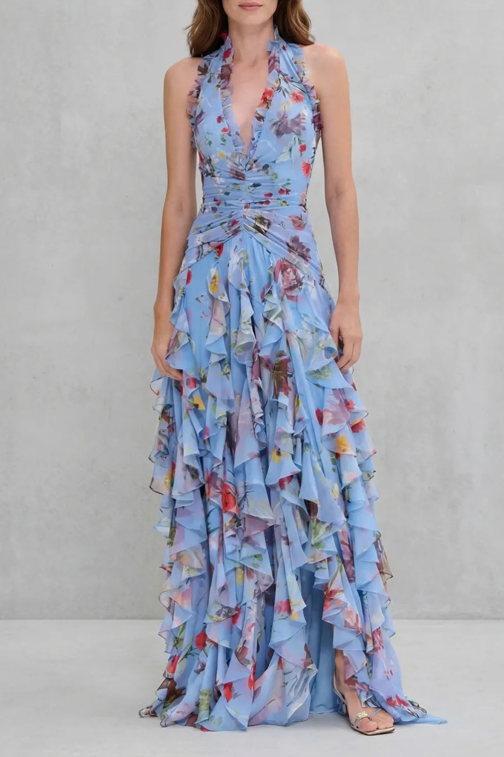 Belladina | Romantische maxi-jurk met halternek en rozenpatroon