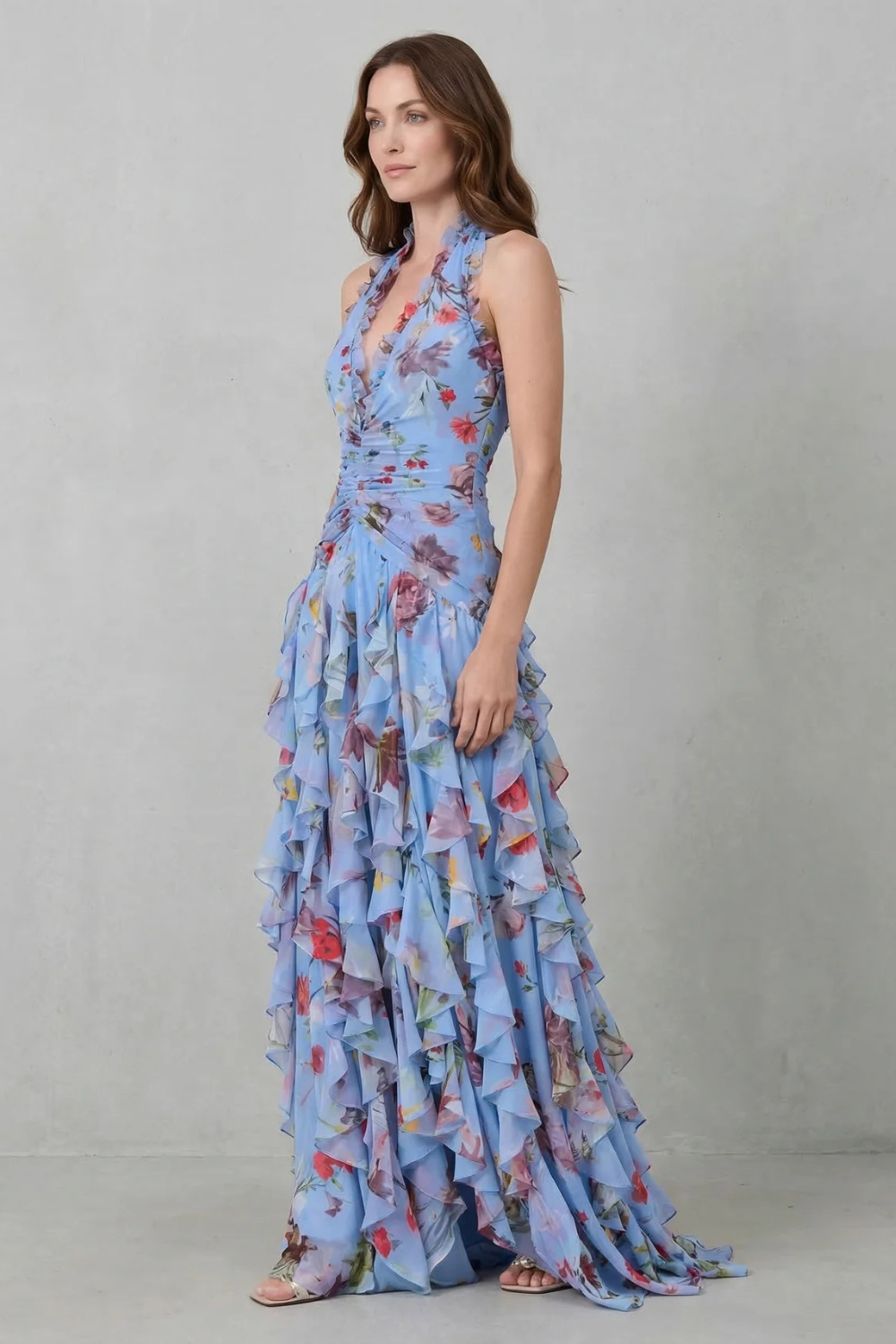 Belladina | Romantische maxi-jurk met halternek en rozenpatroon