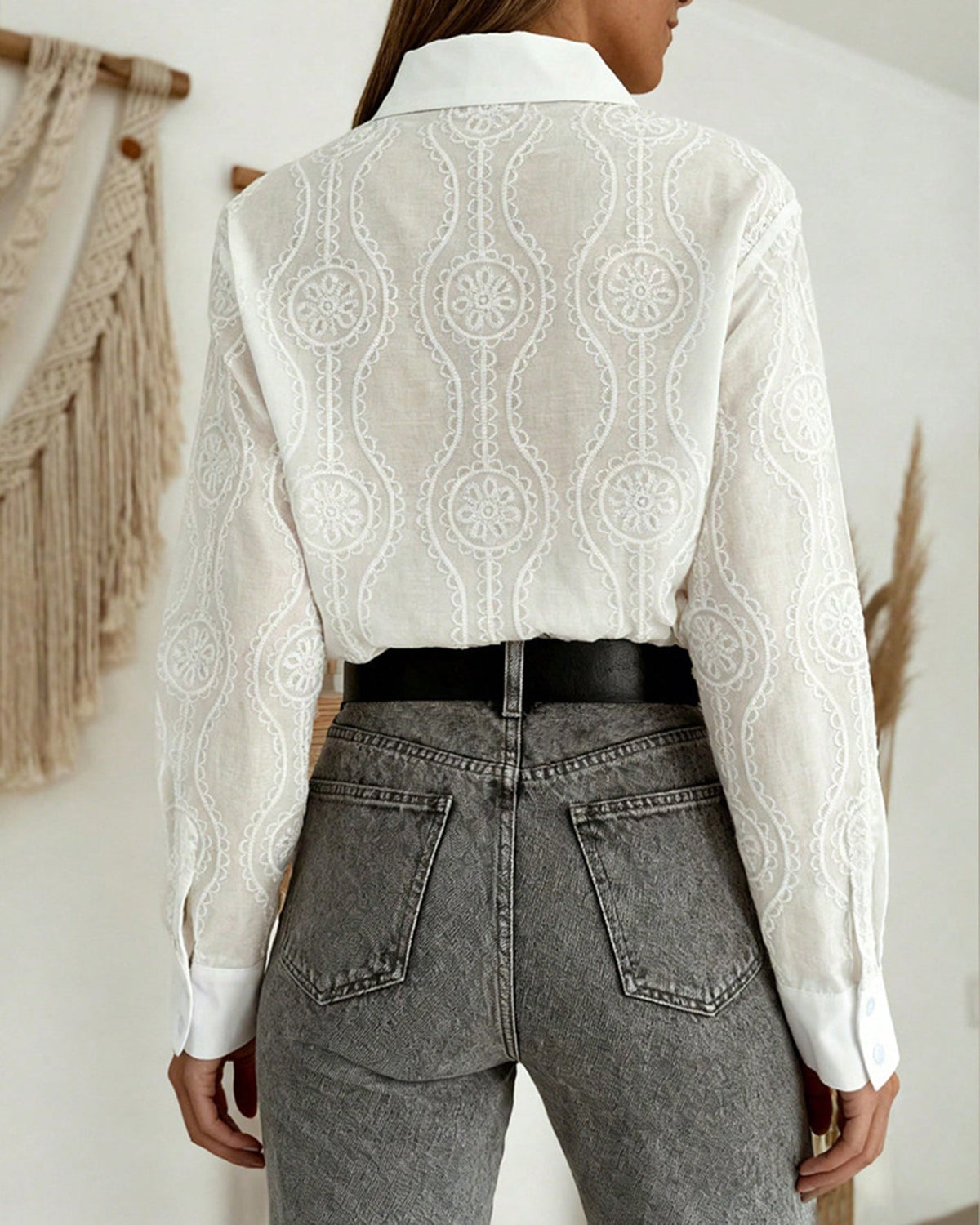 Blouse Dames | Elegante Knoopkraag & Verfijnd Geometrisch Patroon