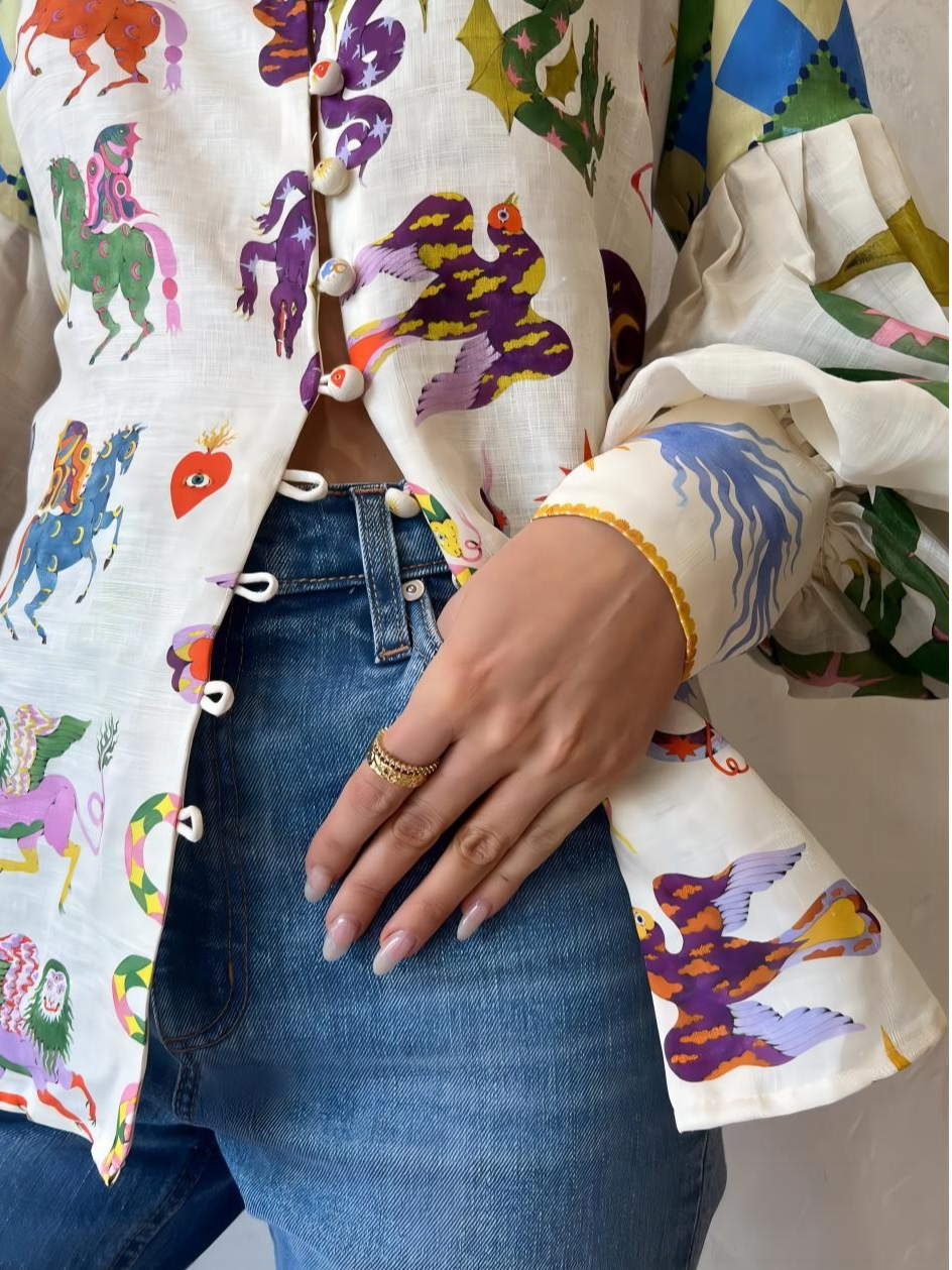 Blouse Dames | Pop-Art Print & Pofmouwen