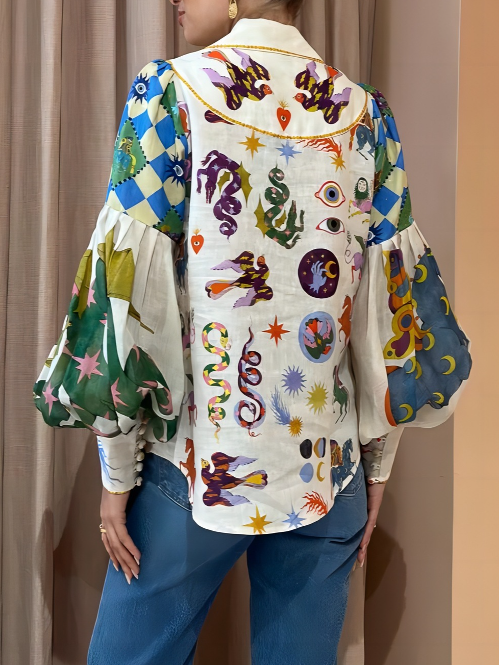 Blouse Dames | Pop-Art Print & Pofmouwen