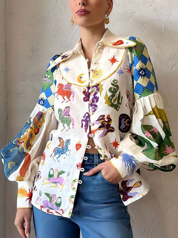 Blouse Dames | Pop-Art Print & Pofmouwen