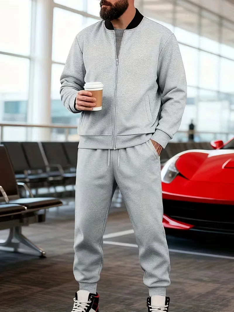 Casual heren set - jas met rits en ronde hals en broek