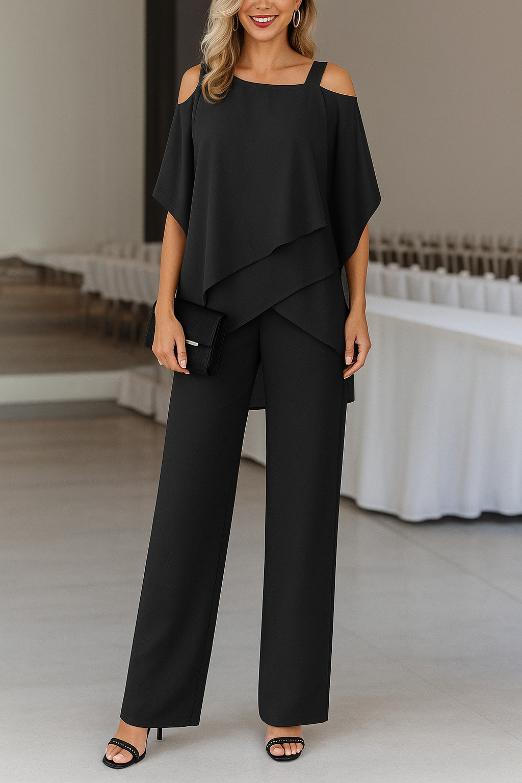 Elegante Luchtige Dames Set Met Off Shoulder Top En Wijde Broek