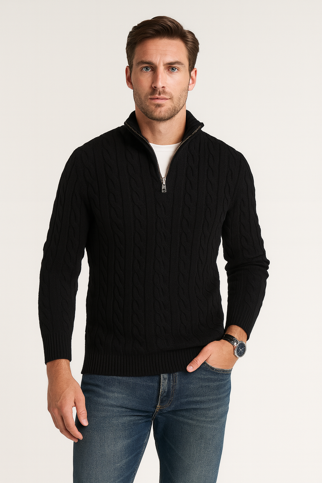 Kabelgebreide Half-Zip Trui Heren Hoge Kraag