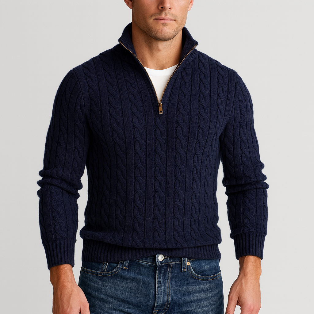 Kabelgebreide Half-Zip Trui Heren Hoge Kraag