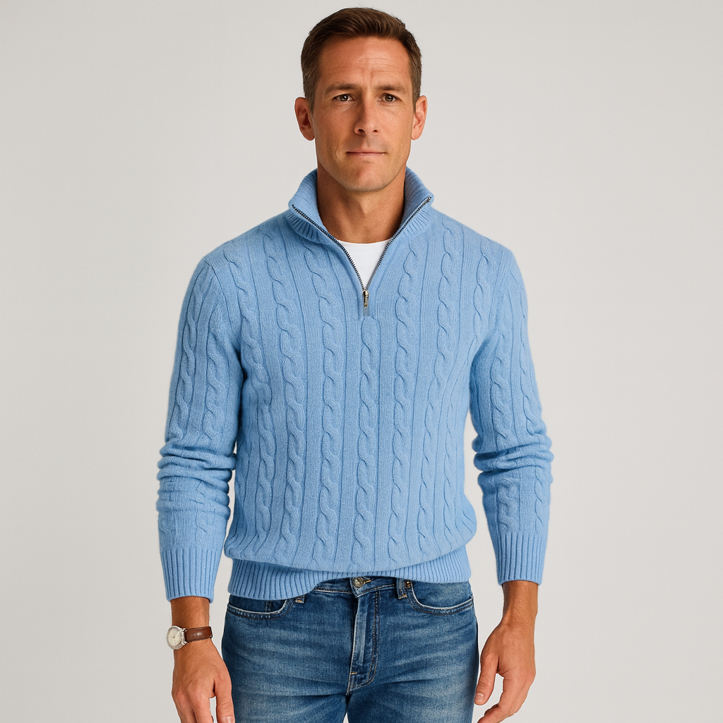 Kabelgebreide Half-Zip Trui Heren Hoge Kraag
