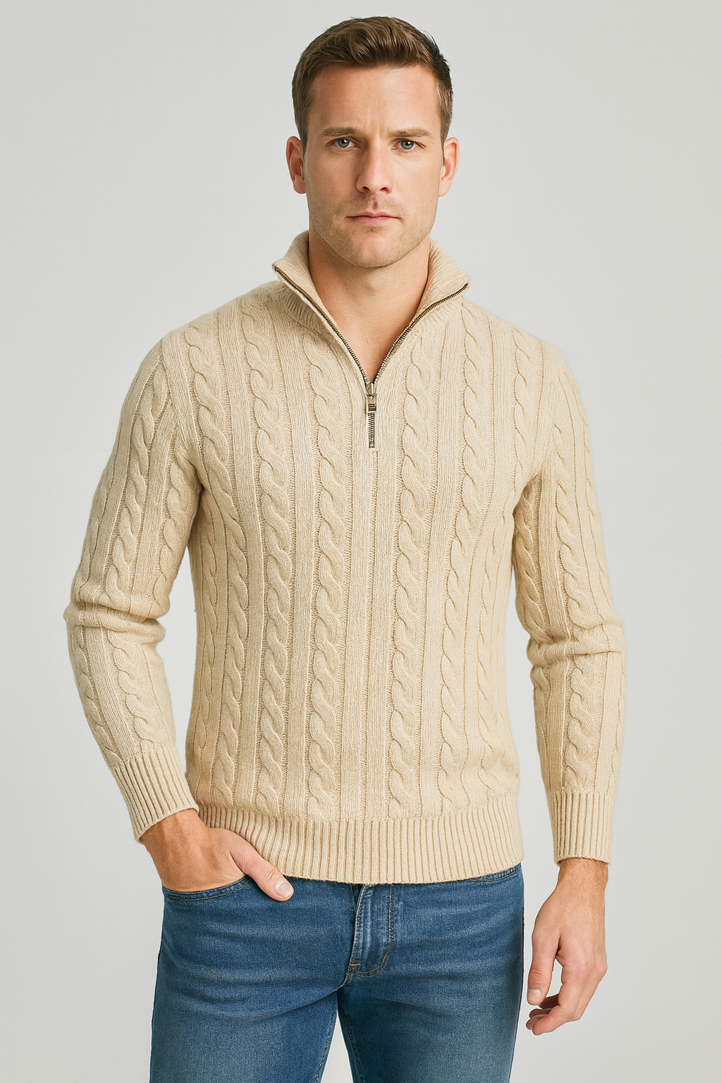 Kabelgebreide Half-Zip Trui Heren Hoge Kraag