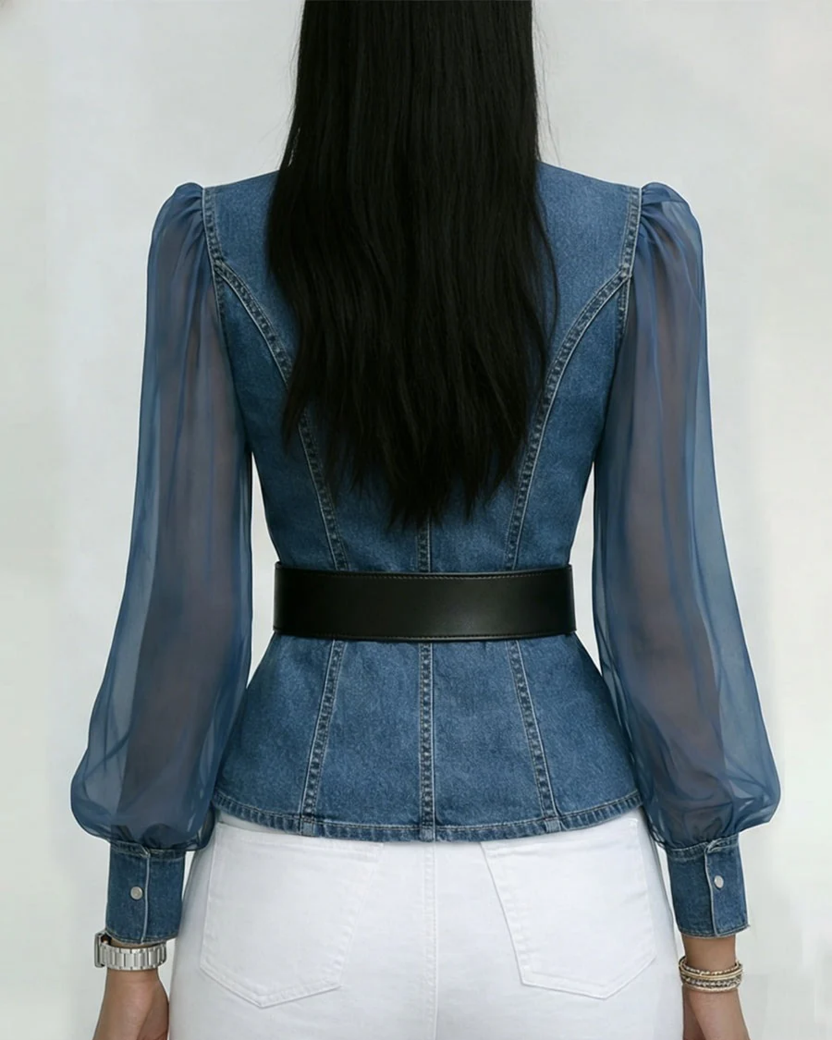 Denim Blouse Dames | Transparante Pofmouwen & Getailleerde Pasvorm