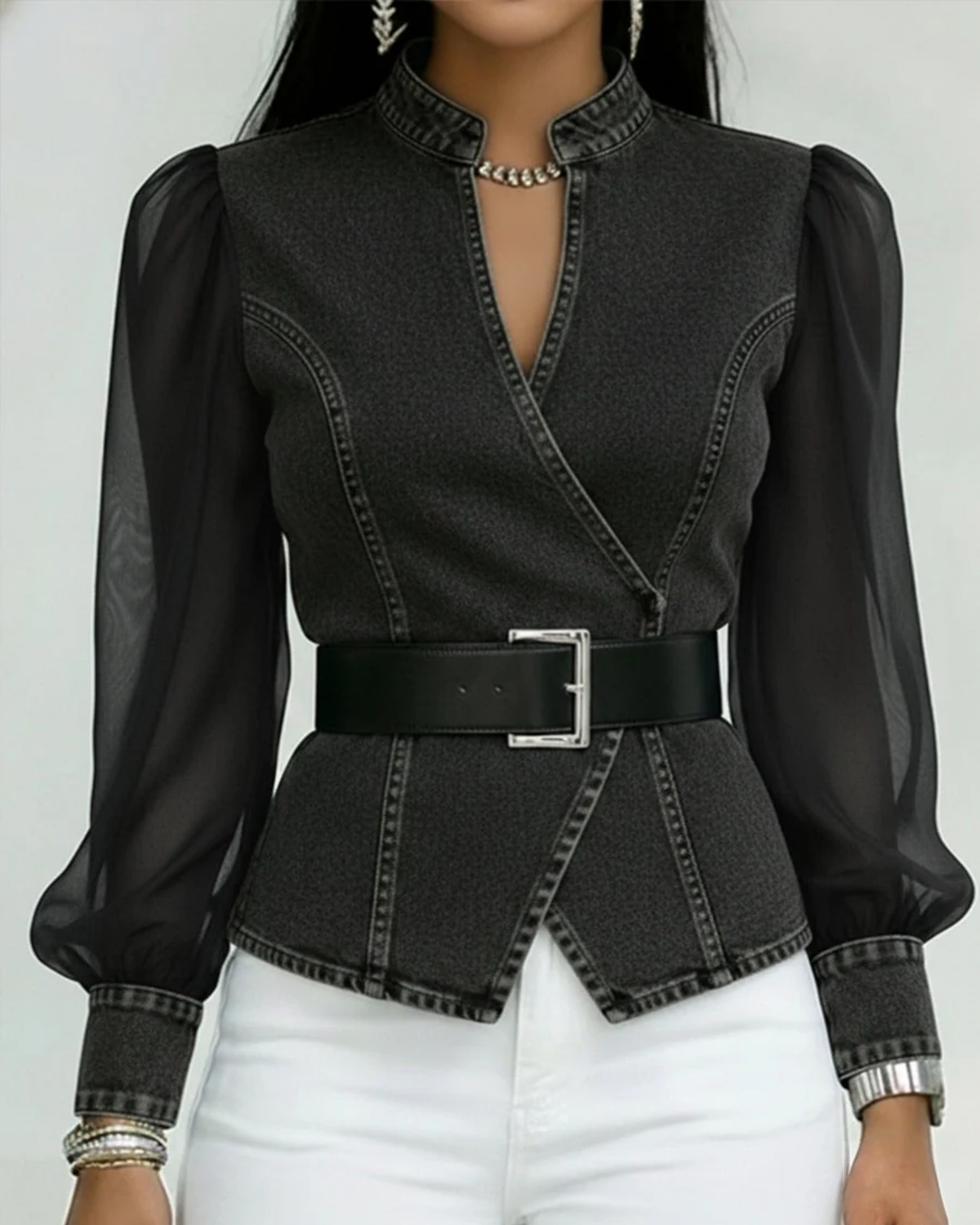 Denim Blouse Dames | Transparante Pofmouwen & Getailleerde Pasvorm