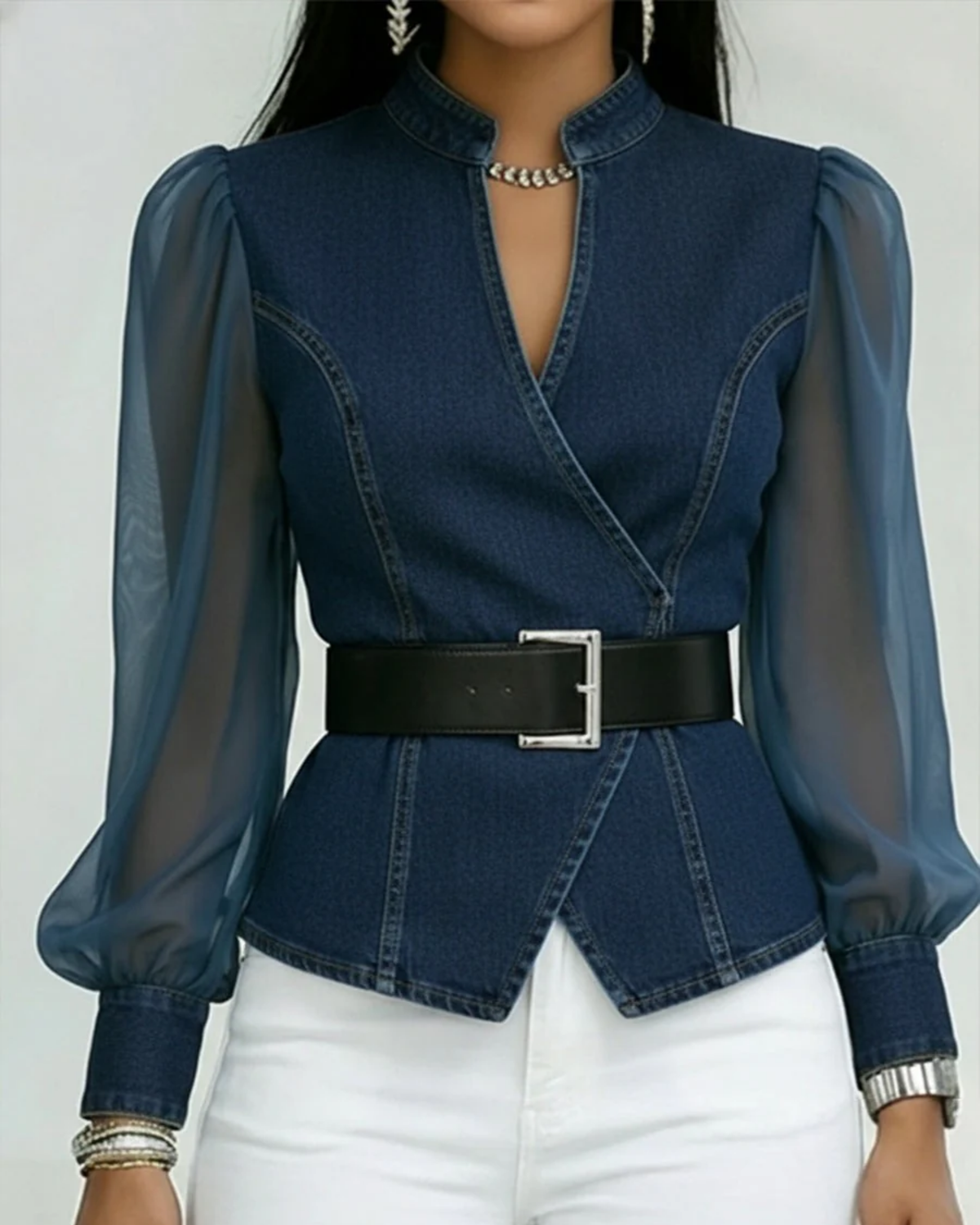 Denim Blouse Dames | Transparante Pofmouwen & Getailleerde Pasvorm