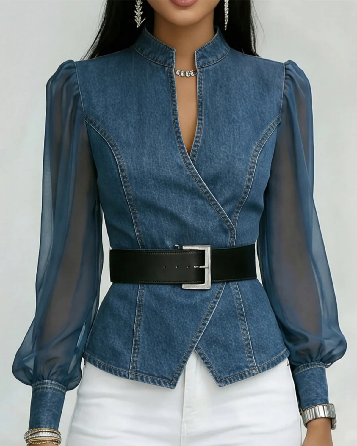 Denim Blouse Dames | Transparante Pofmouwen & Getailleerde Pasvorm