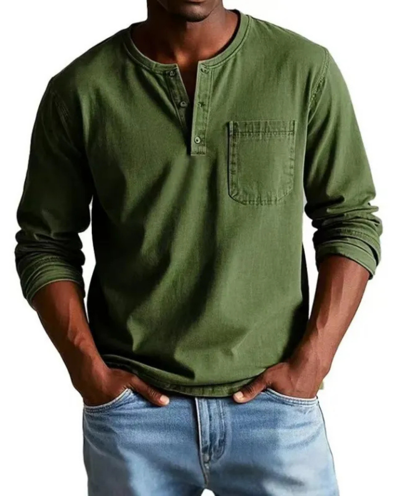Denim Shirt Heren | Henley Halslijn & Praktische Borstzak